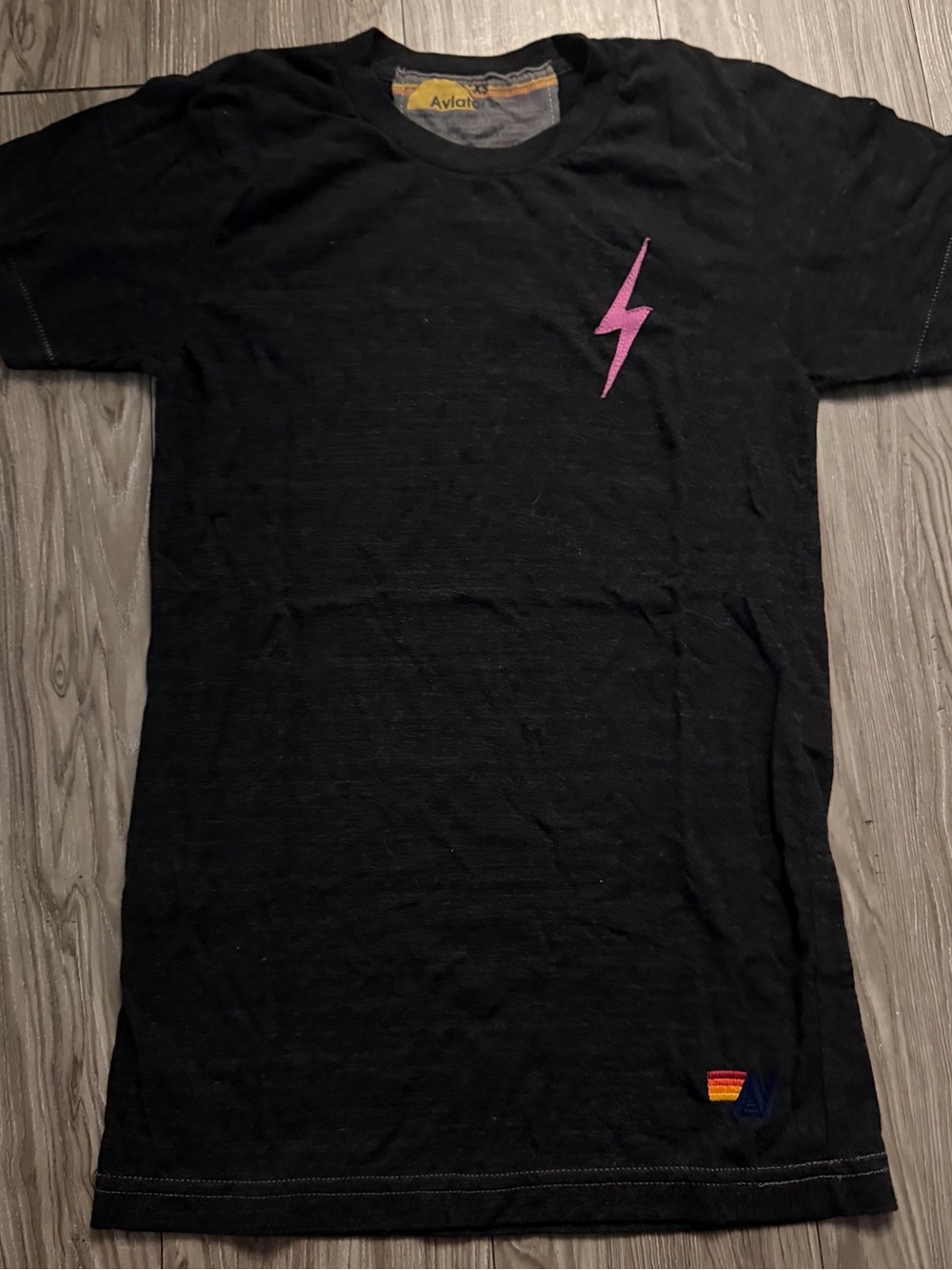 XS Aviator Nation Black Short Sleeve Tee with Pink Lightning Bolt